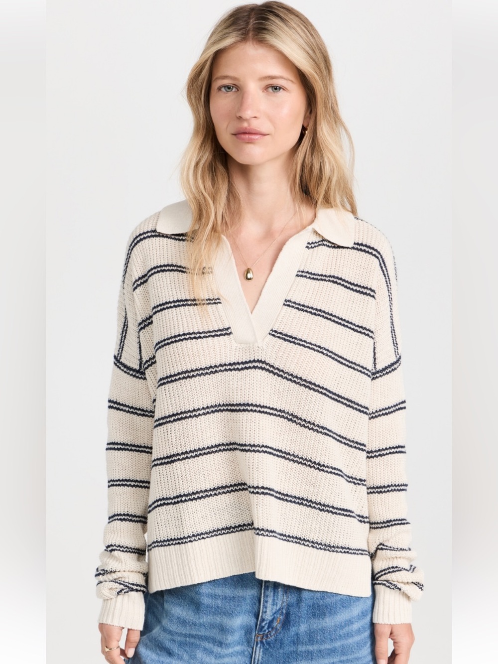 Faherty Cream and Navy Miramar Striped V-Neck Polo Sweater